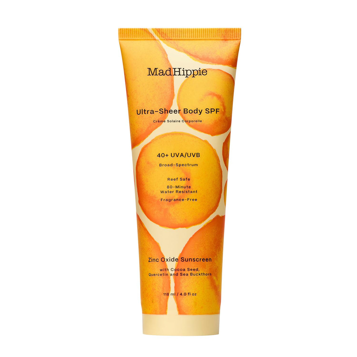 Mad Hippie bottle front packaging shows SPF 40 and clean-label benefits