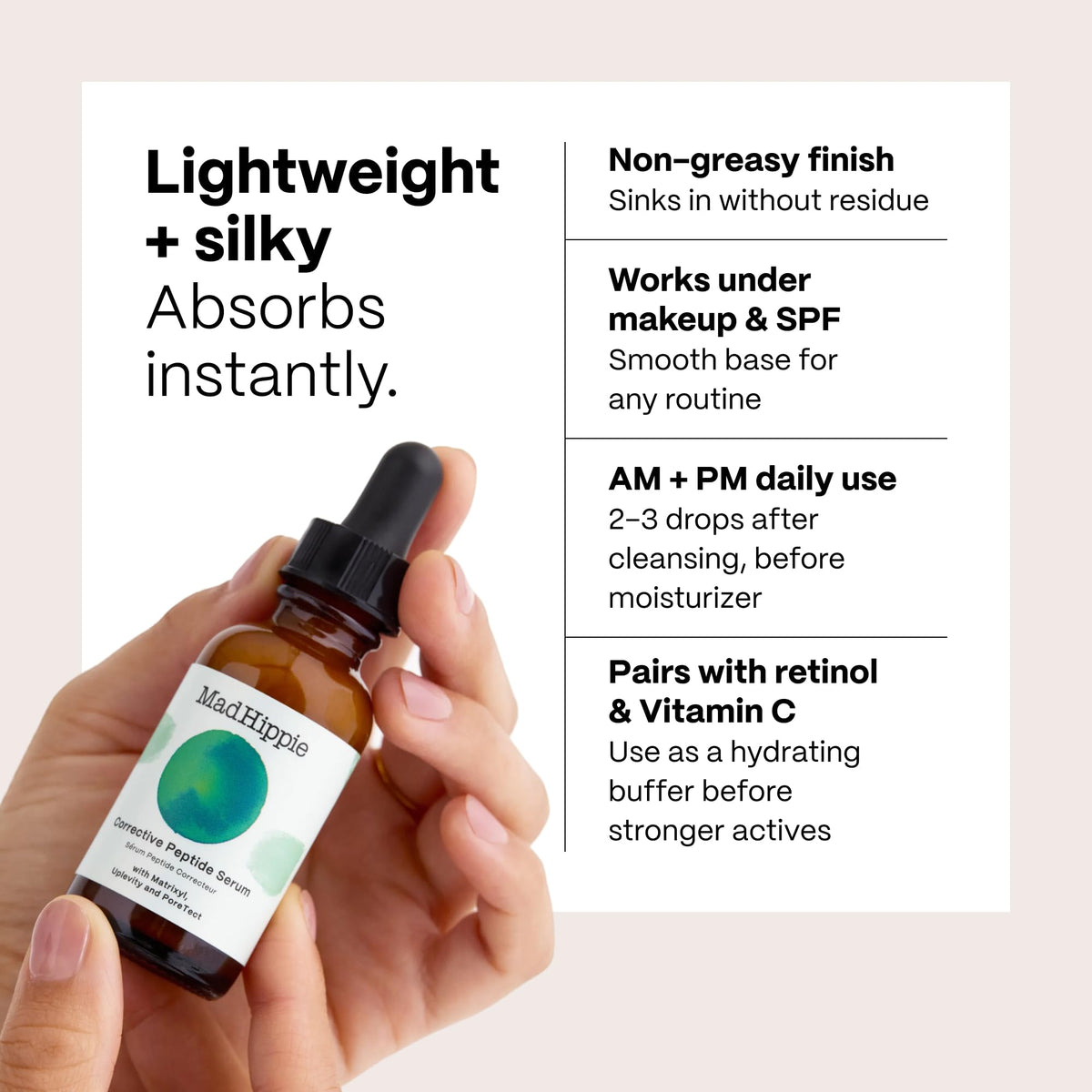 Mad Hippie applying serum to cheek illustrating gentle press-in absorption