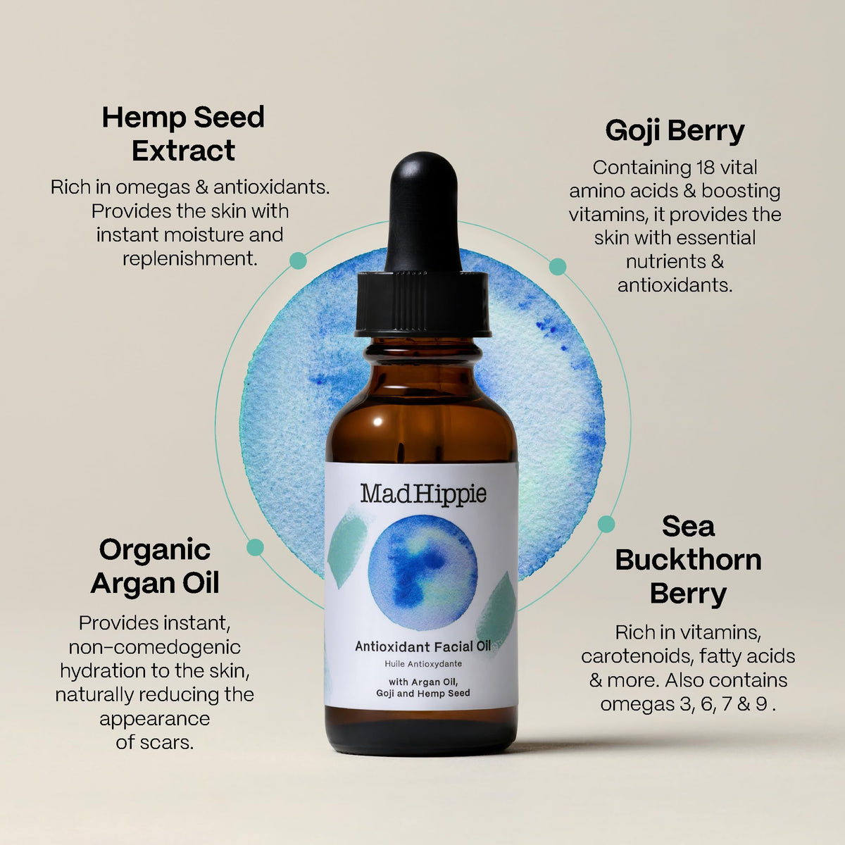 Mad Hippie facial oil in hand demonstrating size and easy application benefit