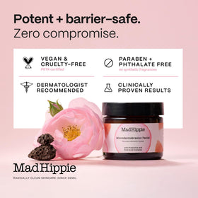 Mad Hippie tube styled in a bathroom spa scene suggesting at-home facial experience