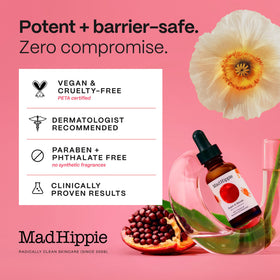 Mad Hippie bottle staged on bathroom shelf suggesting nighttime routine benefit