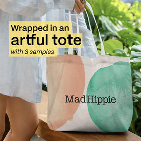 Mad Hippie watercolor-dots canvas tote worn over shoulder showing stylish reusable carry