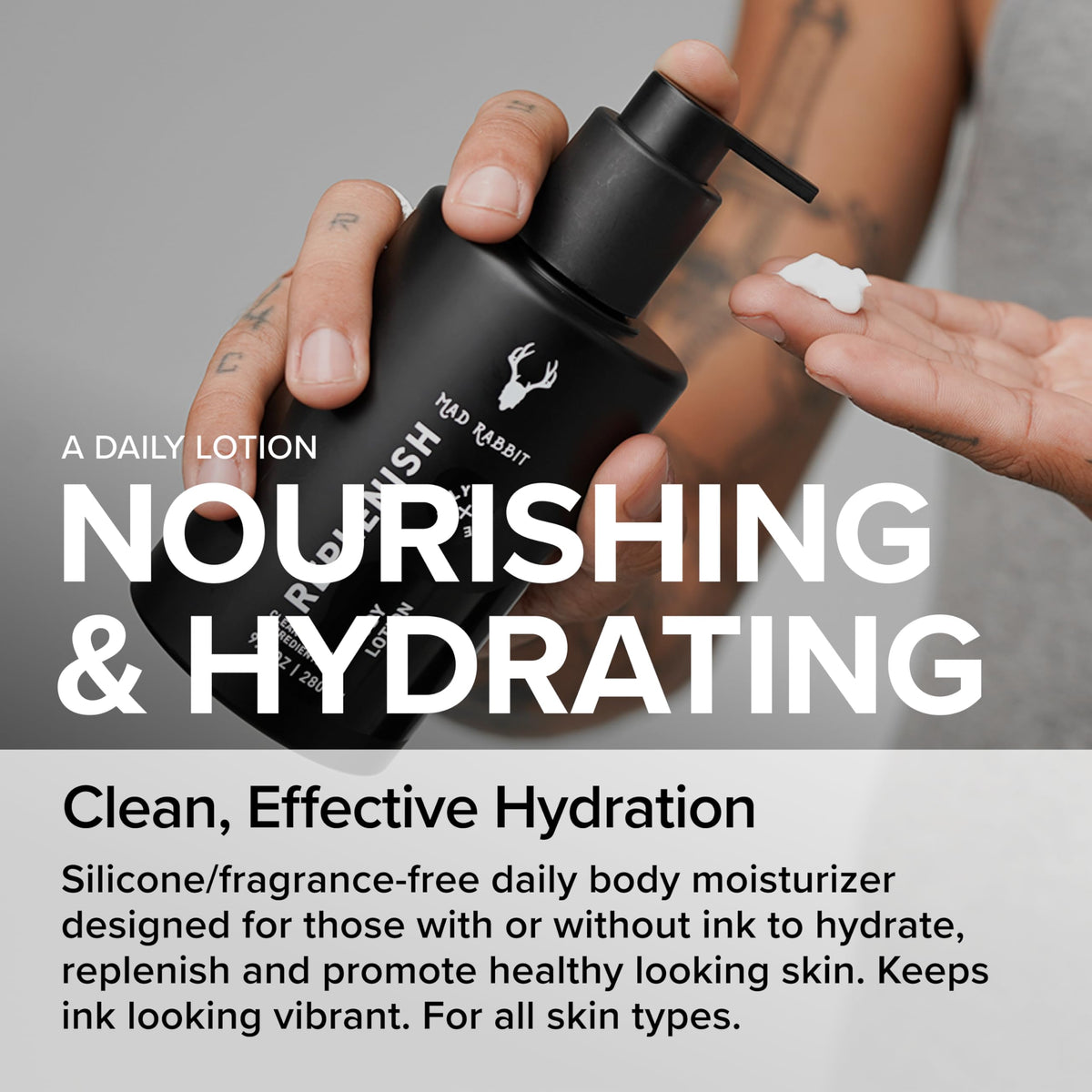 Mad Rabbit lotion dispensed on hand demonstrating quick absorption