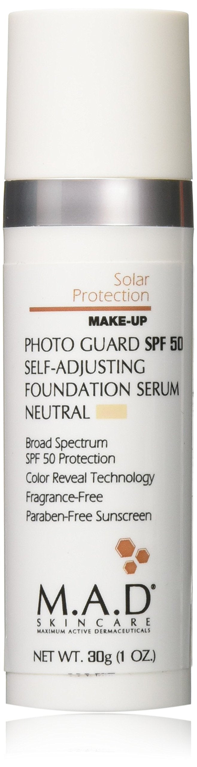 M.A.D Skincare front packaging showing bottle and neutral shade benefit of even tinted protection