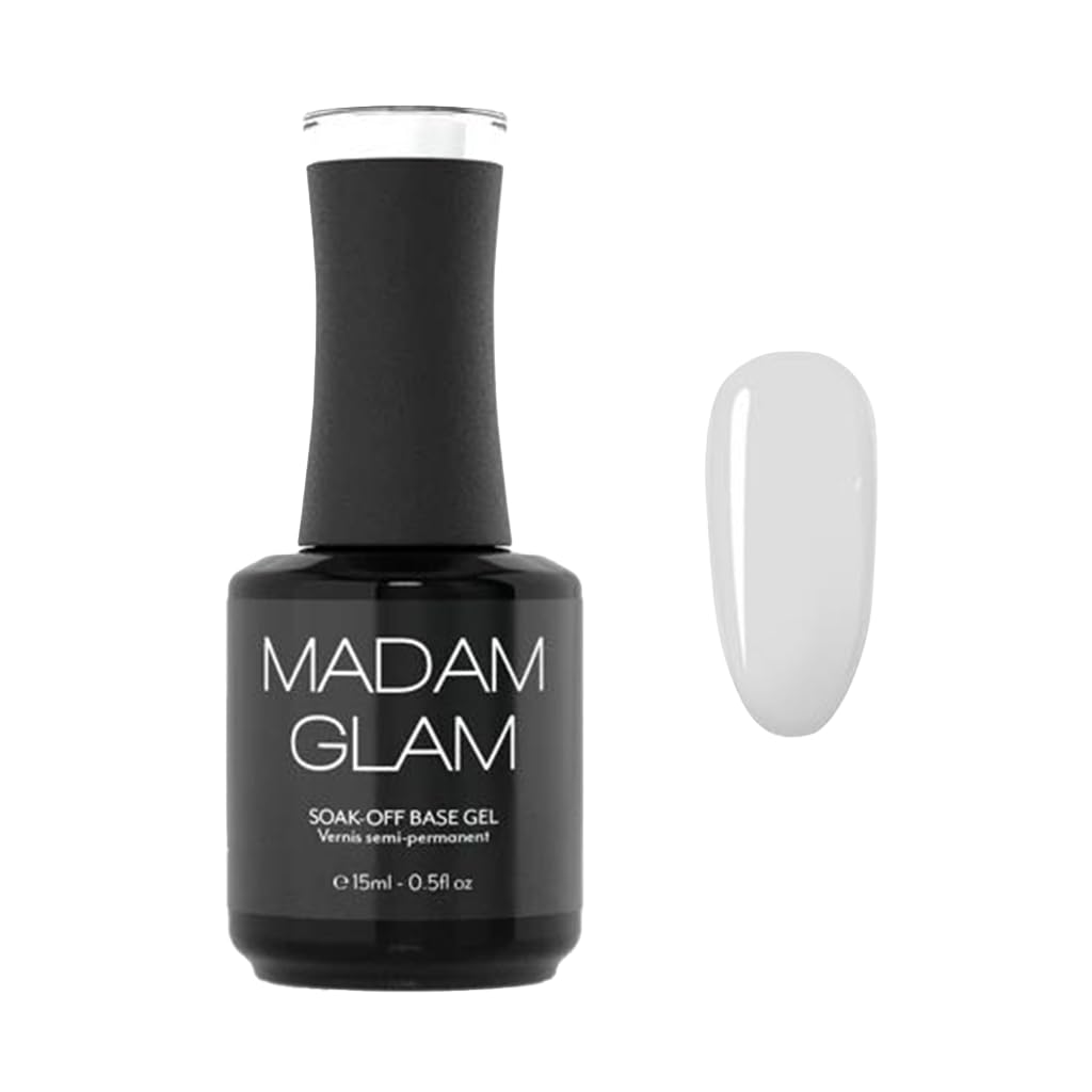 Madam Glam bottle front packaging showing transparent rubber base benefits