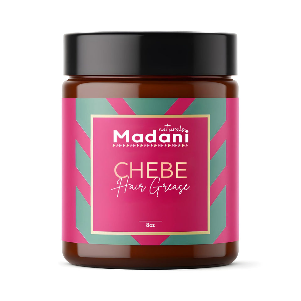 Madani Naturals jar front view showing chebe hair grease branding and natural look