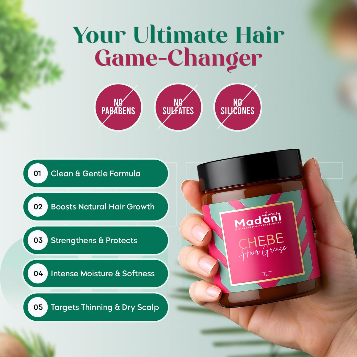 Madani Naturals sealed hair lengths after application showing reduced frizz and shine