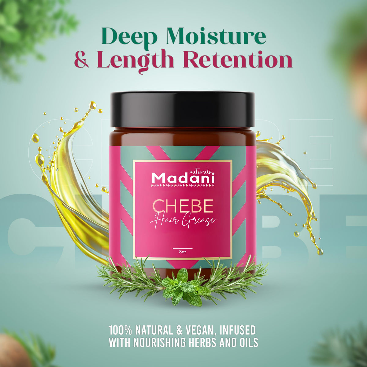 Madani Naturals product label close-up listing chebe, rosemary and botanical oils