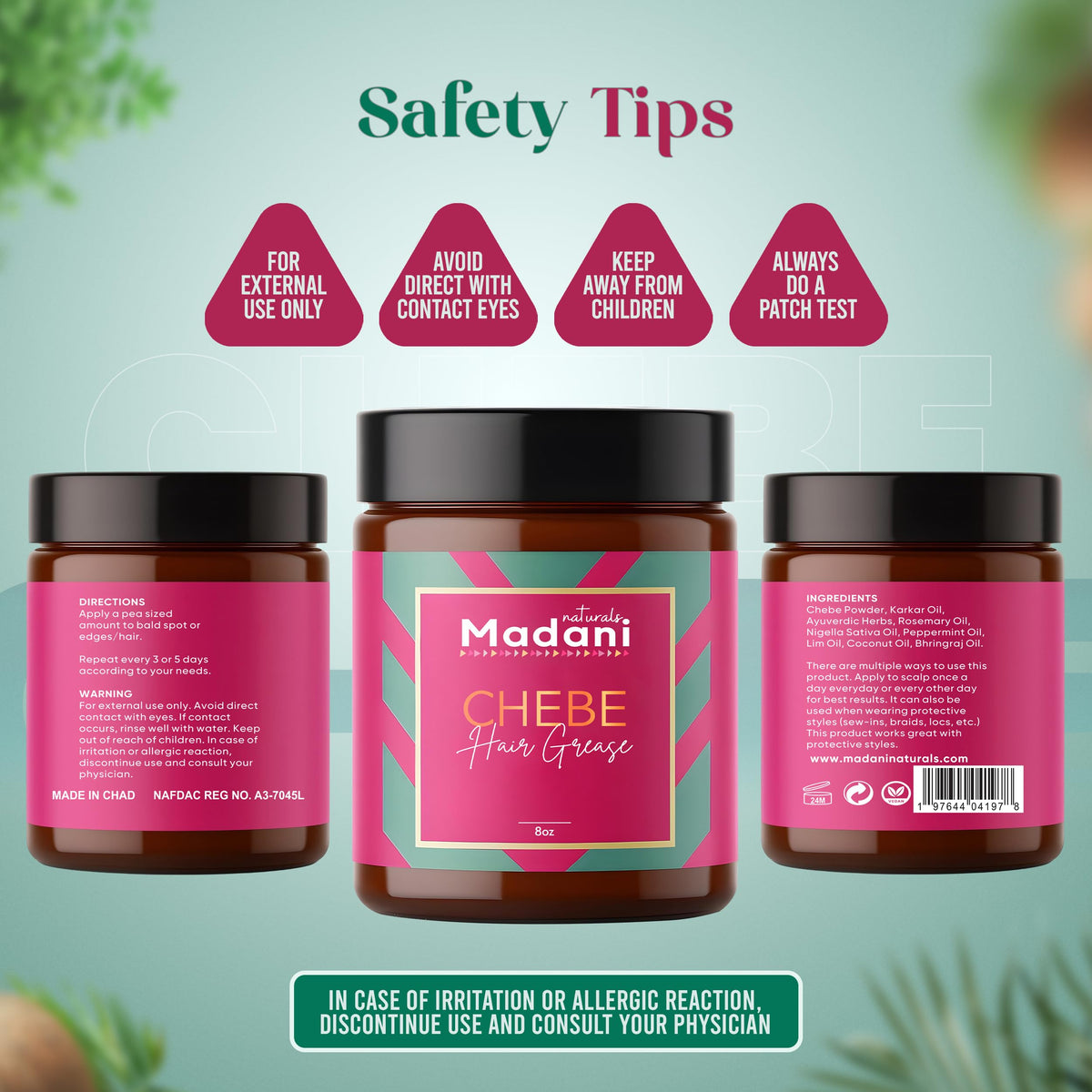 Madani Naturals jar styled on bathroom shelf to suggest daily hair care routine