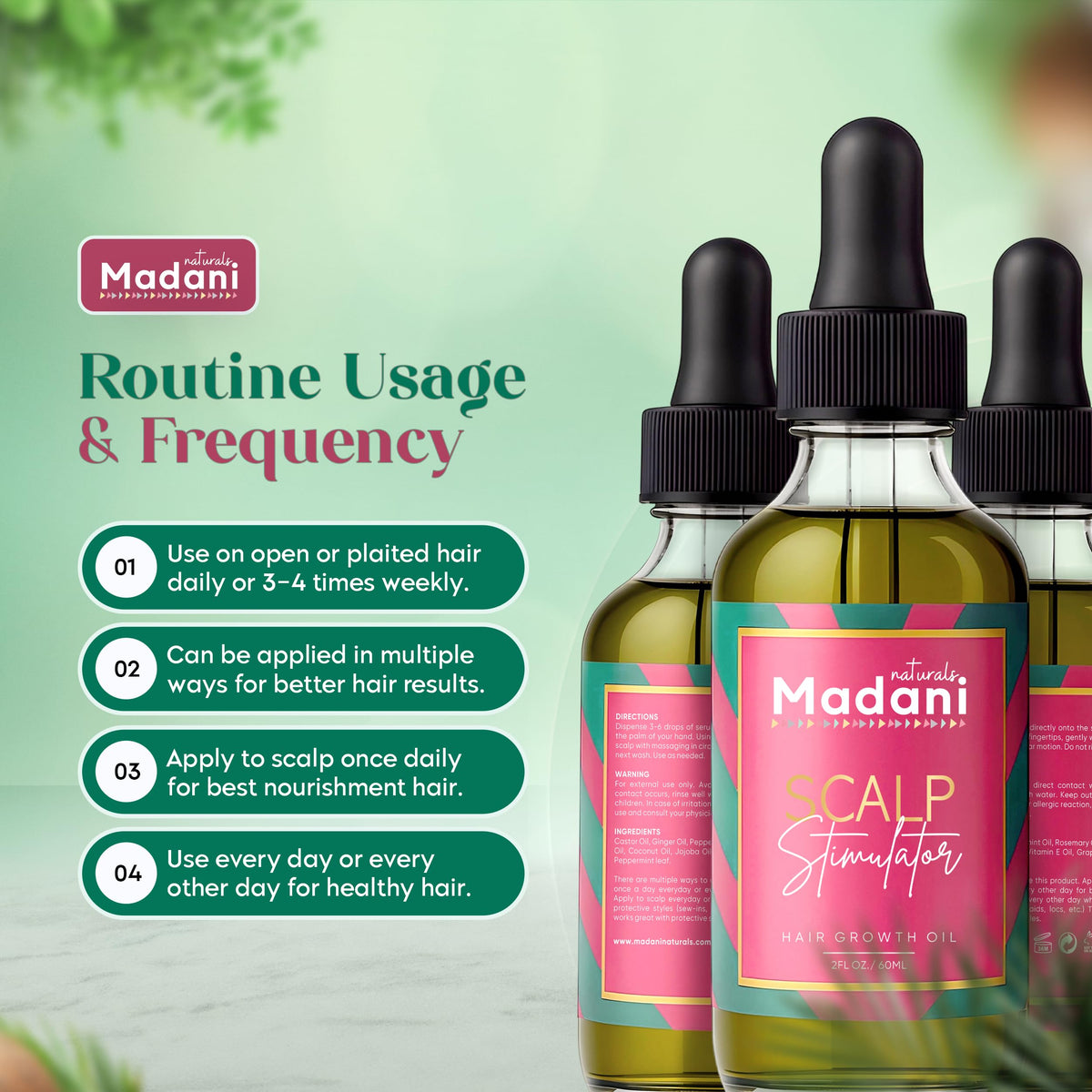 Madani Naturals bottle on bathroom shelf conveying daily care convenience