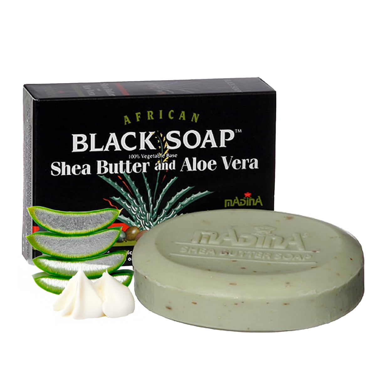 Madina African Black Soap bar front packaging showing brand and six-pack benefit