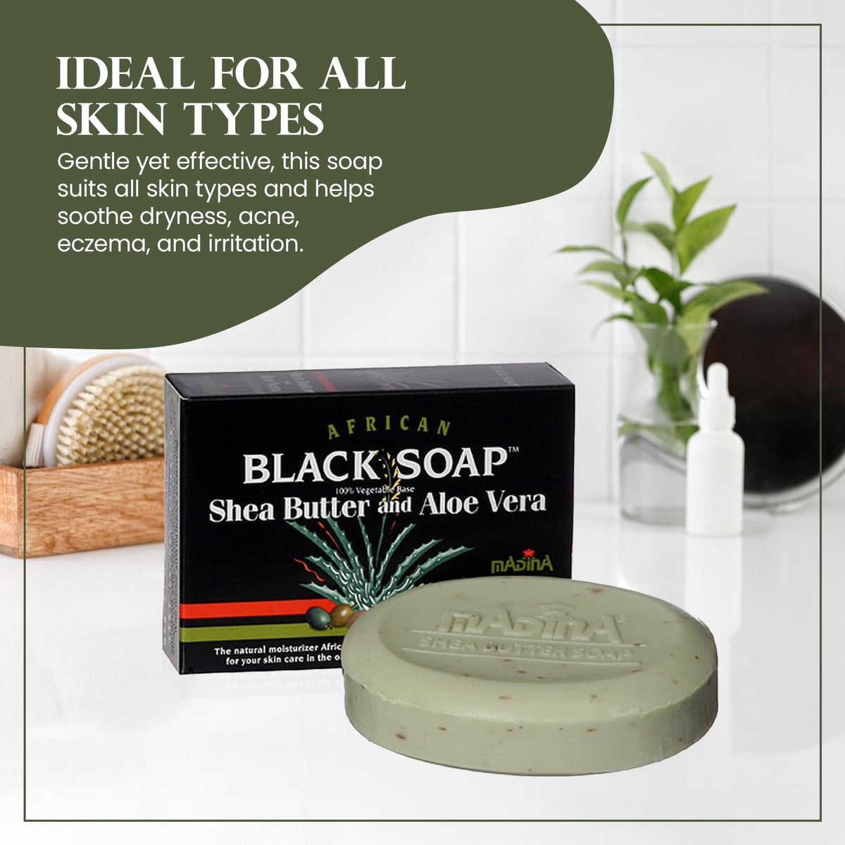 Madina soap on bathroom shelf lifestyle scene conveying everyday botanical care