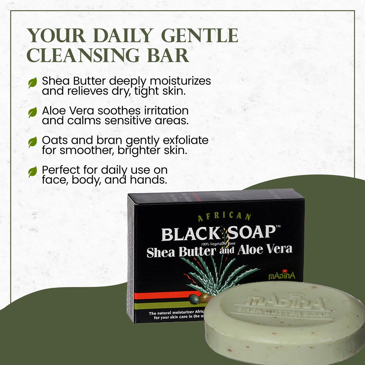 Madina bar with shea butter detail highlighting moisturizing ingredient benefits