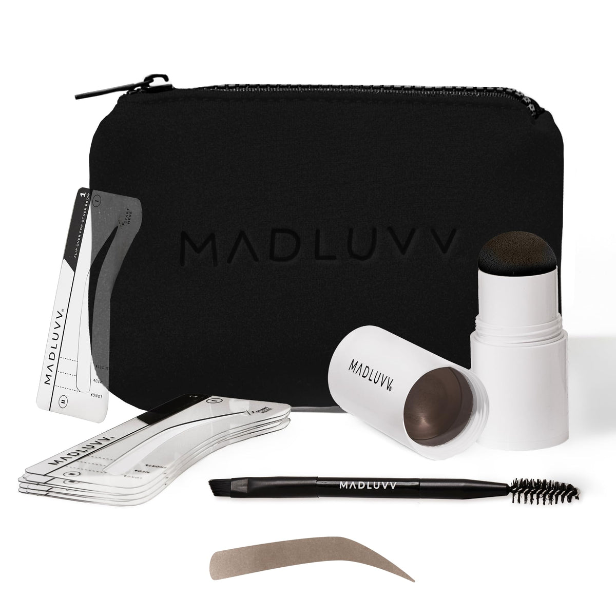 MADLUVV front packaging showing complete brow stamp kit and benefits