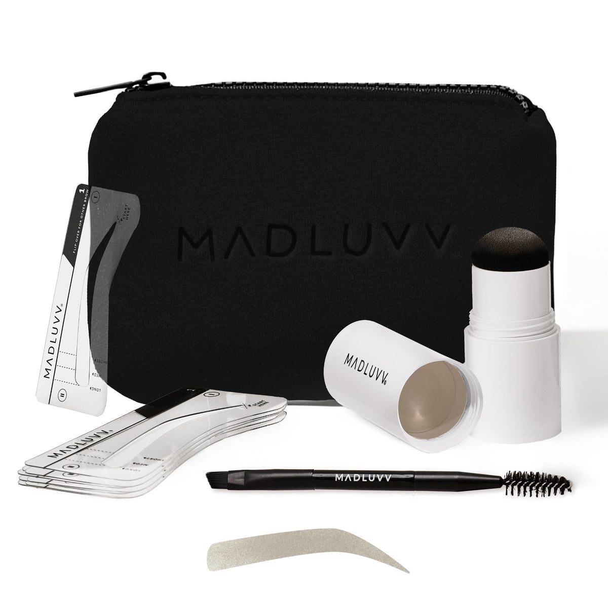 MADLUVV front packaging showing complete brow stamp kit and benefits
