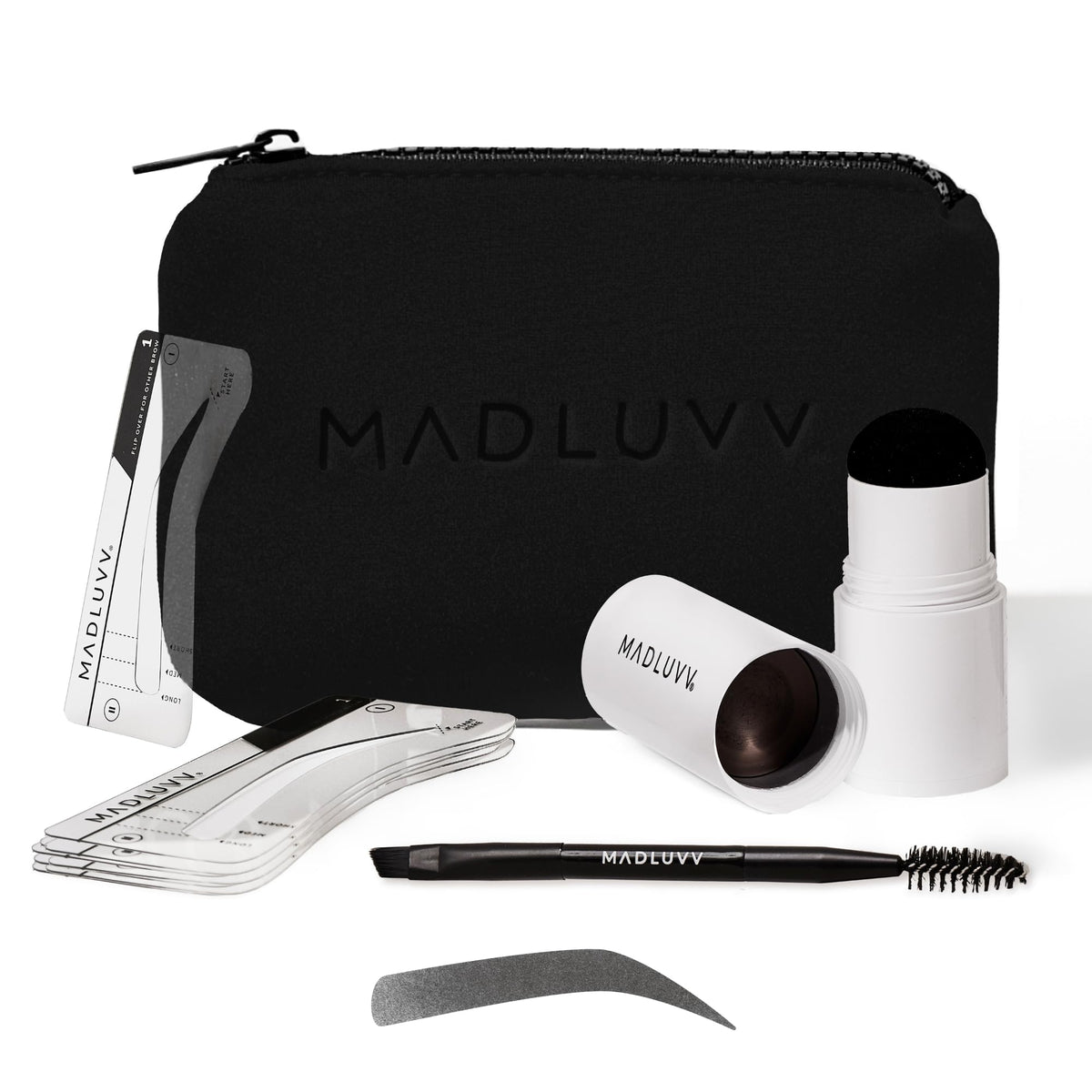 MADLUVV front packaging showing complete brow stamp kit benefits