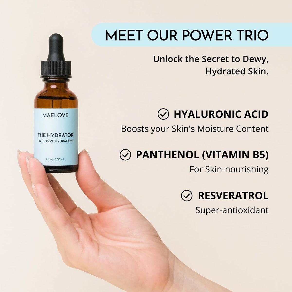 MAELOVE bottle in lifestyle setting conveys hydrated, dewy-looking skin benefit