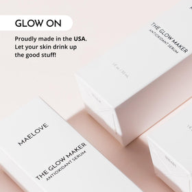 MAELOVE Glow Maker ingredients flatlay showing vitamin C, E, ferulic acid, and hyaluronic acid