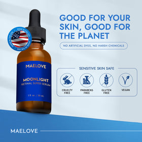 MAELOVE label detail showing active retinal and supportive ingredient benefits