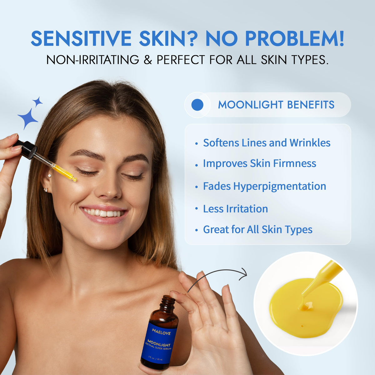 MAELOVE serum on hand scale demonstrating recommended single-use amount