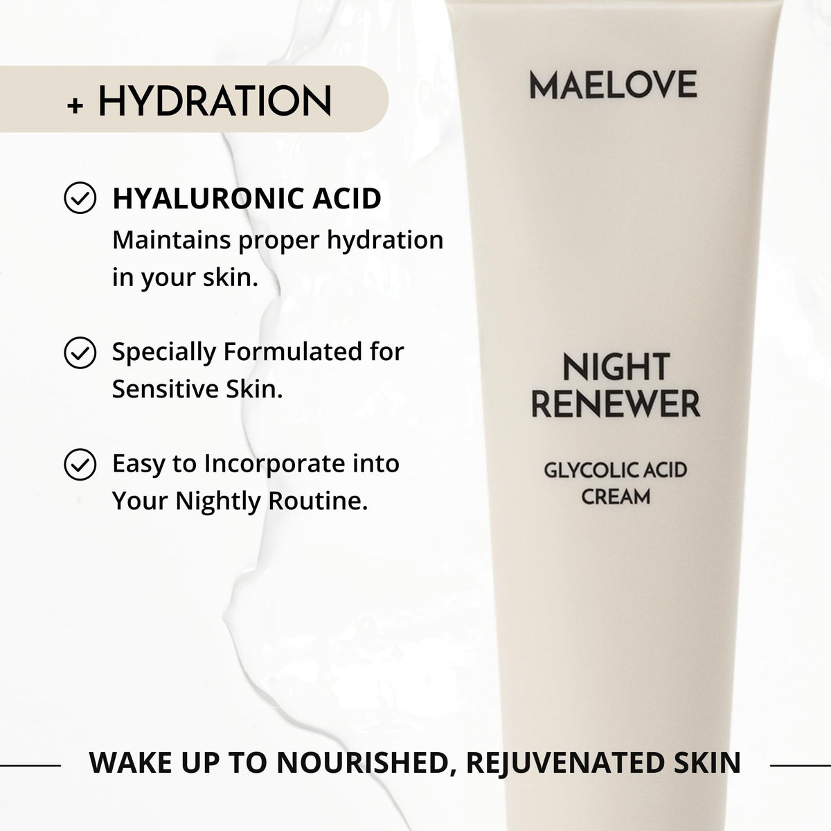 MAELOVE ingredients panel showing glycolic acid and soothing components