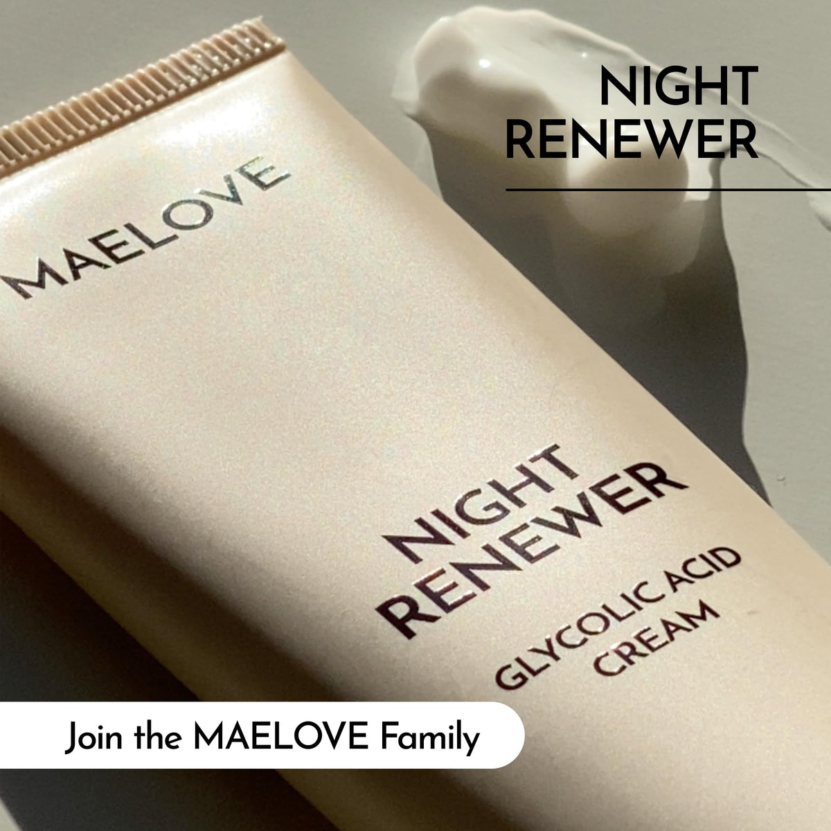 MAELOVE cream on bathroom shelf staged for evening skincare routine