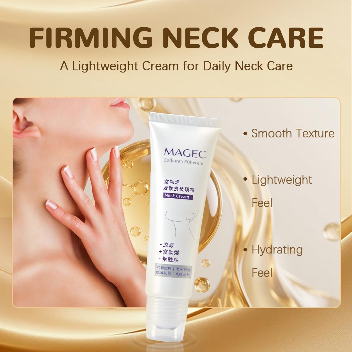 Magec cream application on neck demonstrating lift and even spread