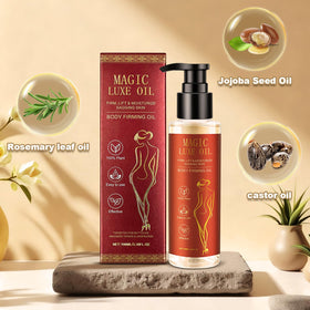MAGIC LUXE OIL back label with directions and usage tips benefit: easy daily routine