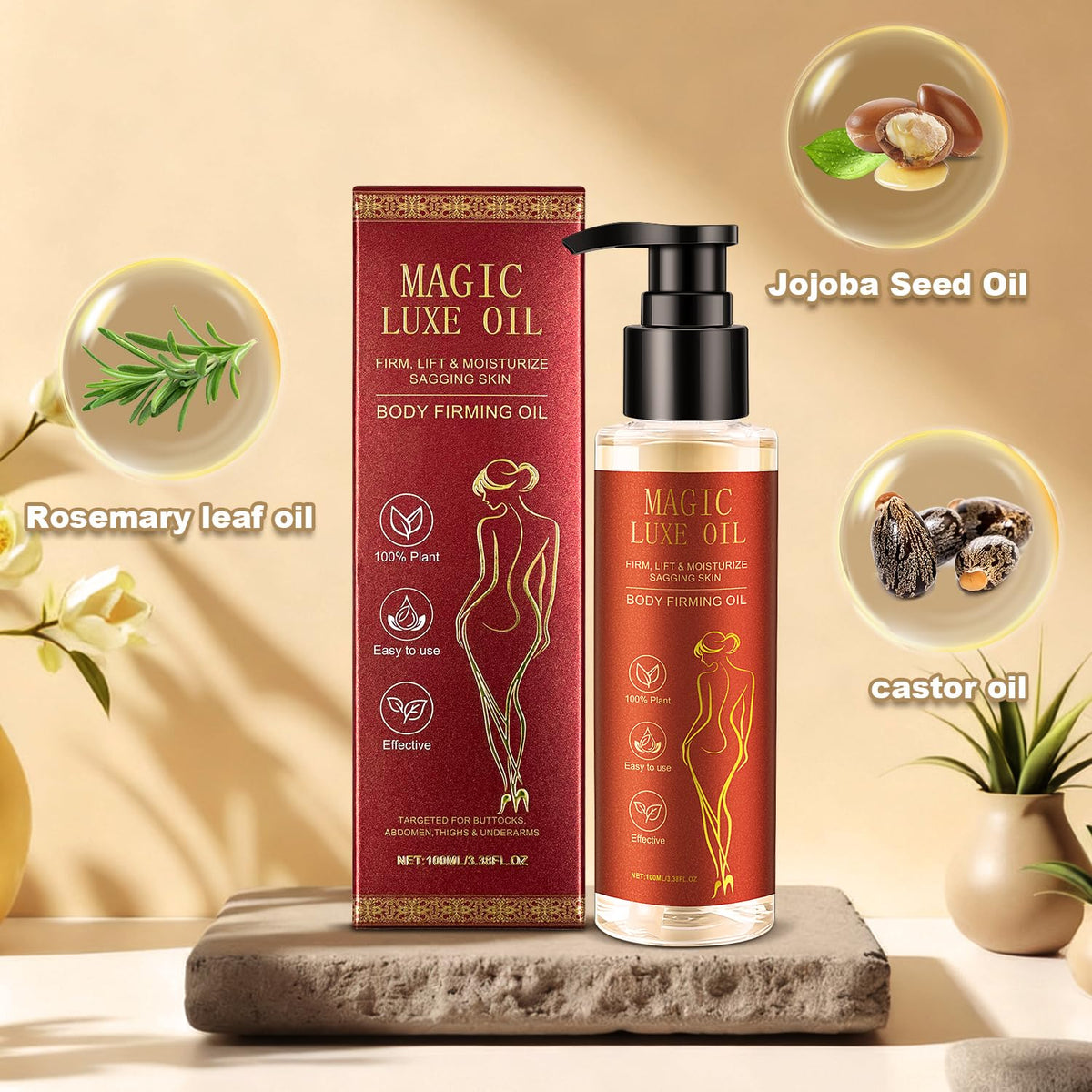 MAGIC LUXE OIL pouring from bottle highlighting lightweight glide and hydration