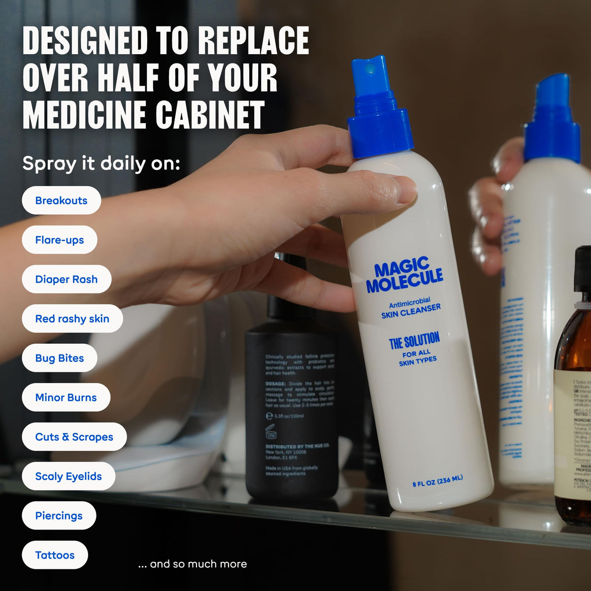 Magic Molecule being sprayed on shoulder illustrating body and face use benefit