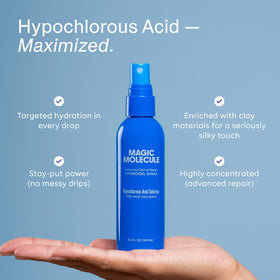 Magic Molecule label detail with ingredient list highlighting hypochlorous acid concentration