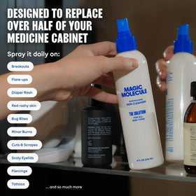 Hand spraying Magic Molecule mist demonstrating gentle application benefit