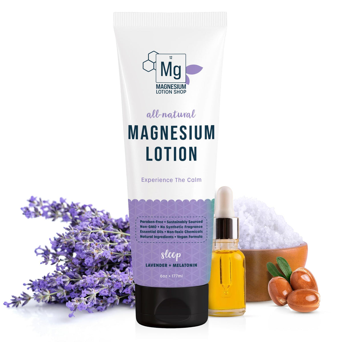 Magnesium Lotion Shop front packaging of lavender melatonin magnesium lotion showing bottle
