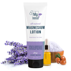 Magnesium Lotion Shop front packaging of lavender melatonin magnesium lotion showing bottle