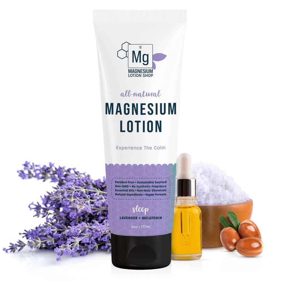 Magnesium Lotion Shop front packaging of lavender melatonin magnesium lotion showing bottle