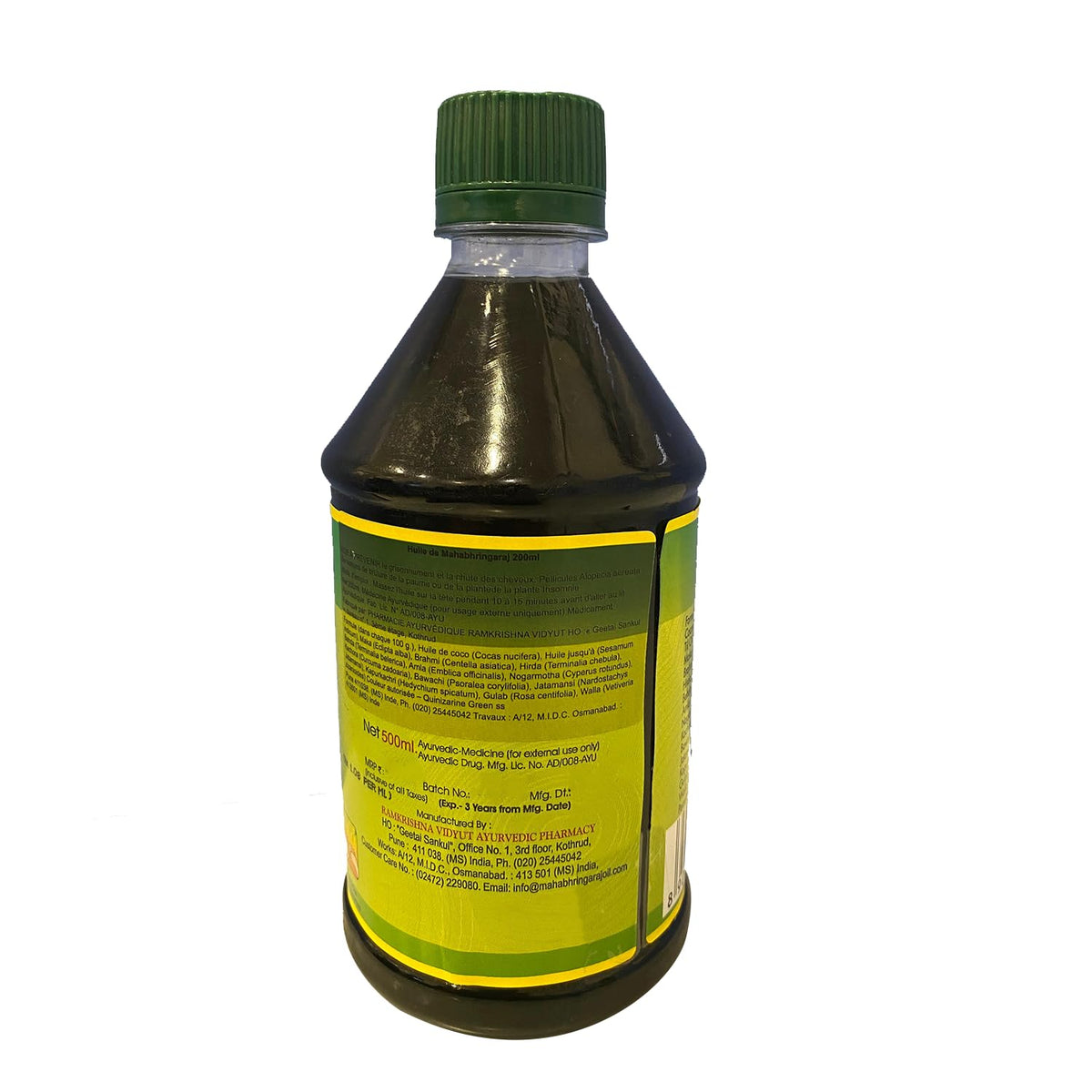 Mahabhringaraj Oil bottle held for scale with hands, brand illustrates bottle size and easy handling
