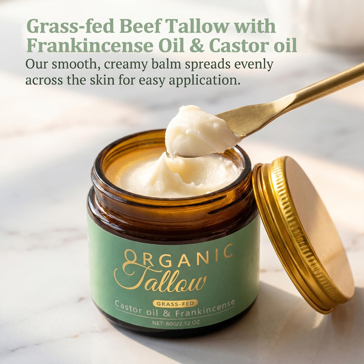 Maidlure texture close-up of smooth tallow balm, demonstrates creamy absorption