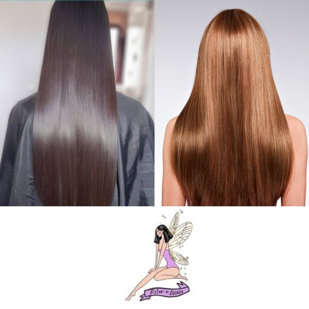 MAIKE AMOUR treated hair before and after demonstrating smoother, shinier strands and reduced frizz
