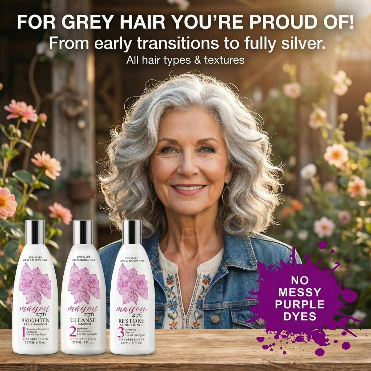 Side-by-side before and after grey hair using Maison 276 showing reduced brassiness