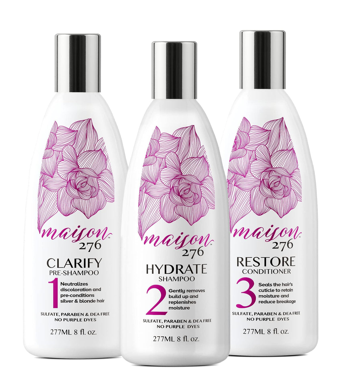 Maison 276 front packaging showing three 8 oz bottles and clear system benefits