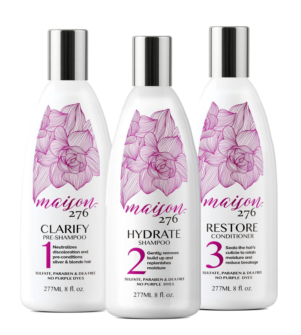 Maison 276 front packaging showing three 8 oz bottles and clear system benefits