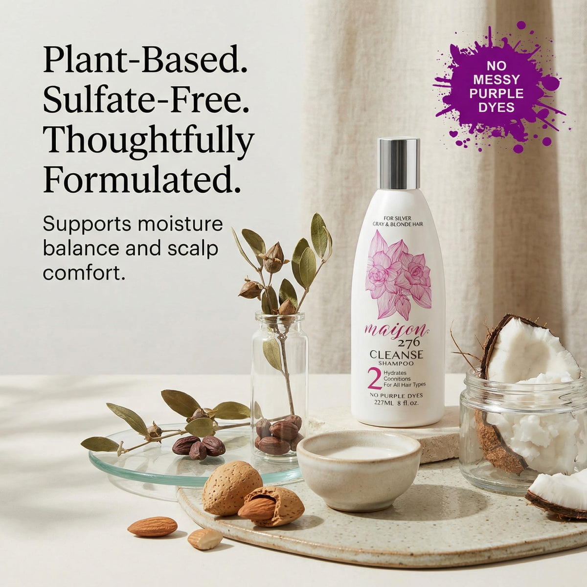 Maison 276 hydrate being applied to grey hair in shower, demonstrates gentle cleansing benefit
