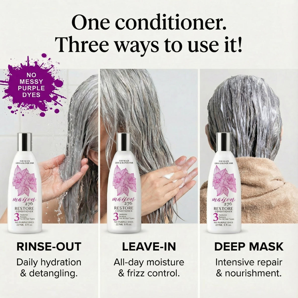 Maison 276 applied to damp grey hair in shower, illustrating improved combability and slip
