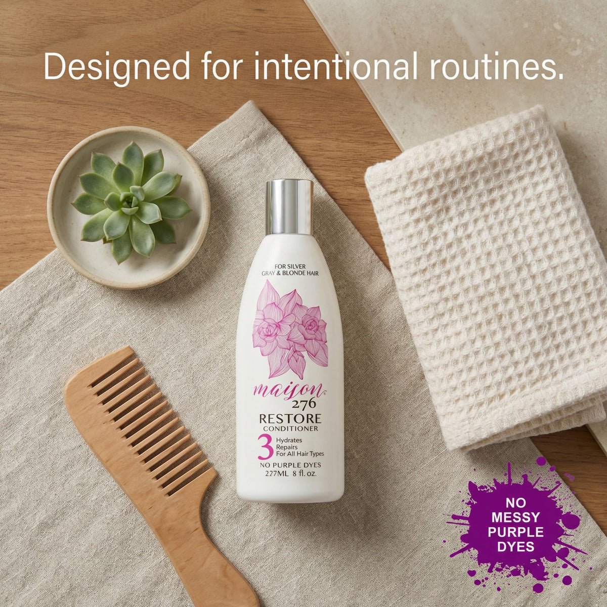 Maison 276 deep mask on mid-lengths with towel cap, showing intensive hydration benefit