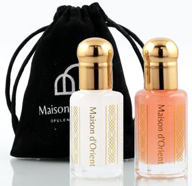 Maison d'Orient pink musk bottles displayed, showing compact travel-ready benefit