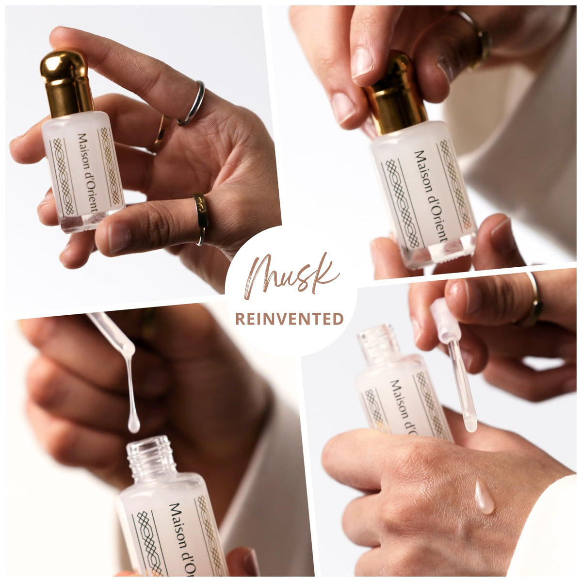 Maison d'Orient white musk bottles close-up, highlighting concentrated oil benefit
