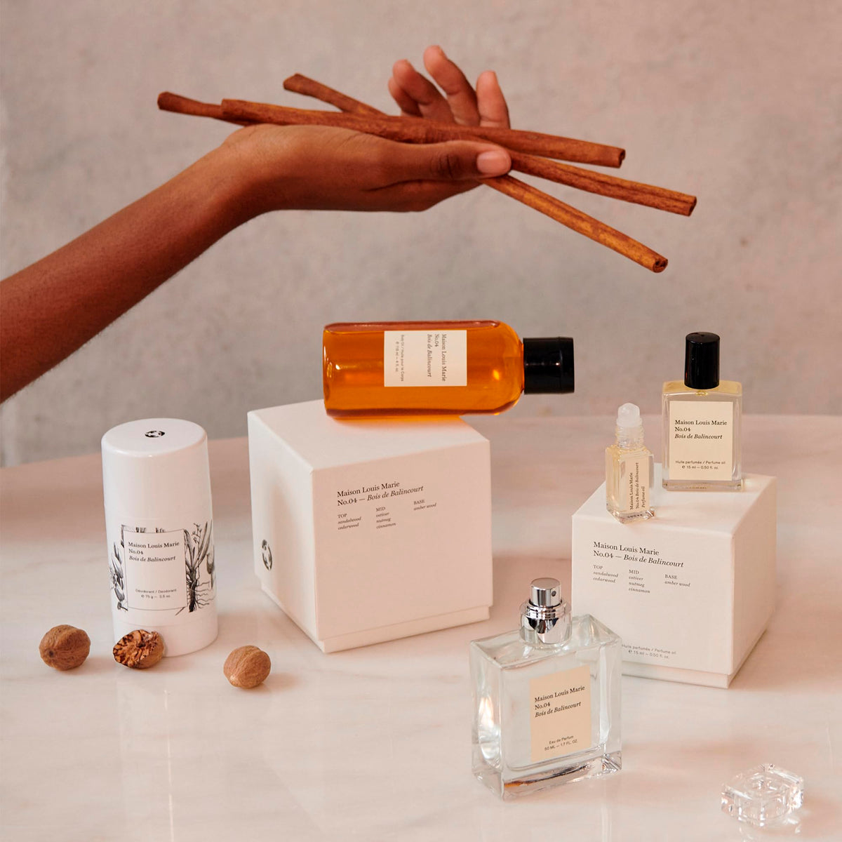 Maison Louis Marie bottle on bathroom shelf lifestyle shot suggesting daily ritual benefit
