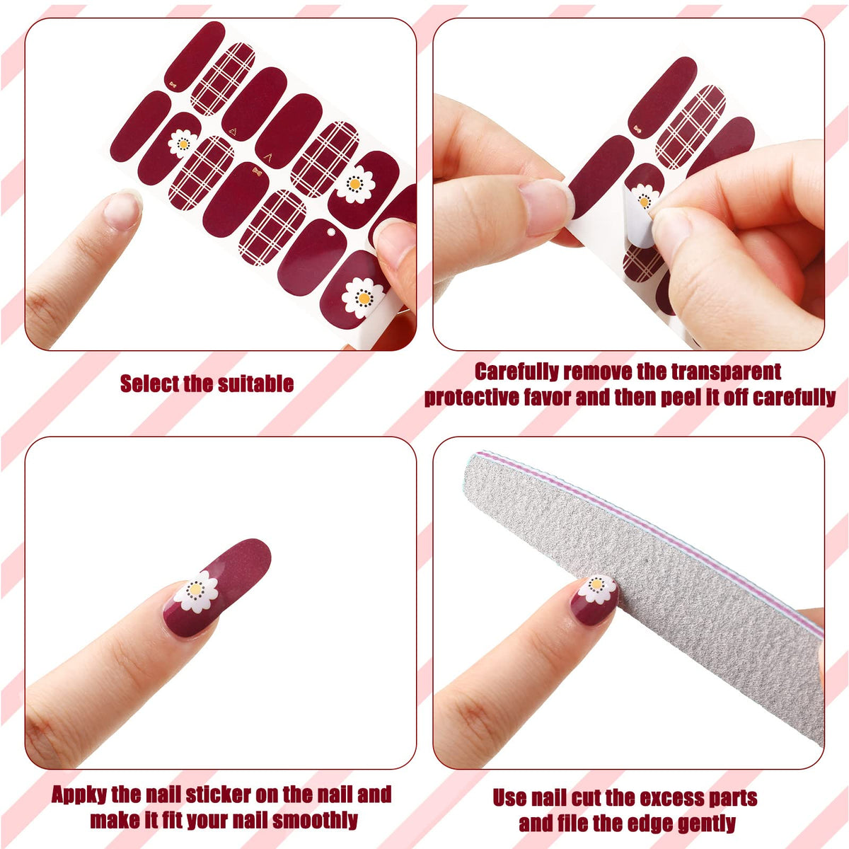 Maitys hand applying a nail strip demonstrating quick salon-quality finish