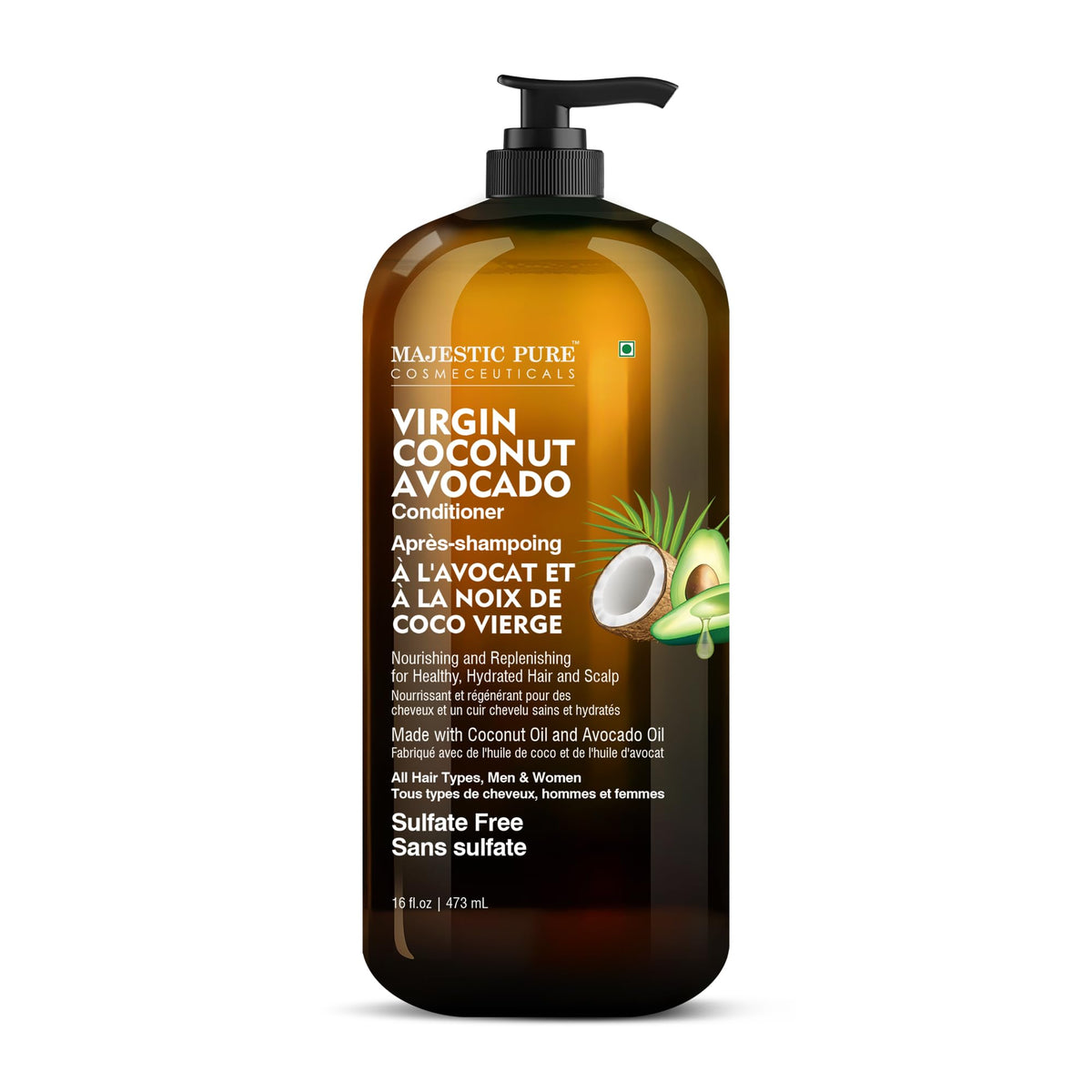 Majestic Pure front bottle view showing product and shine benefits