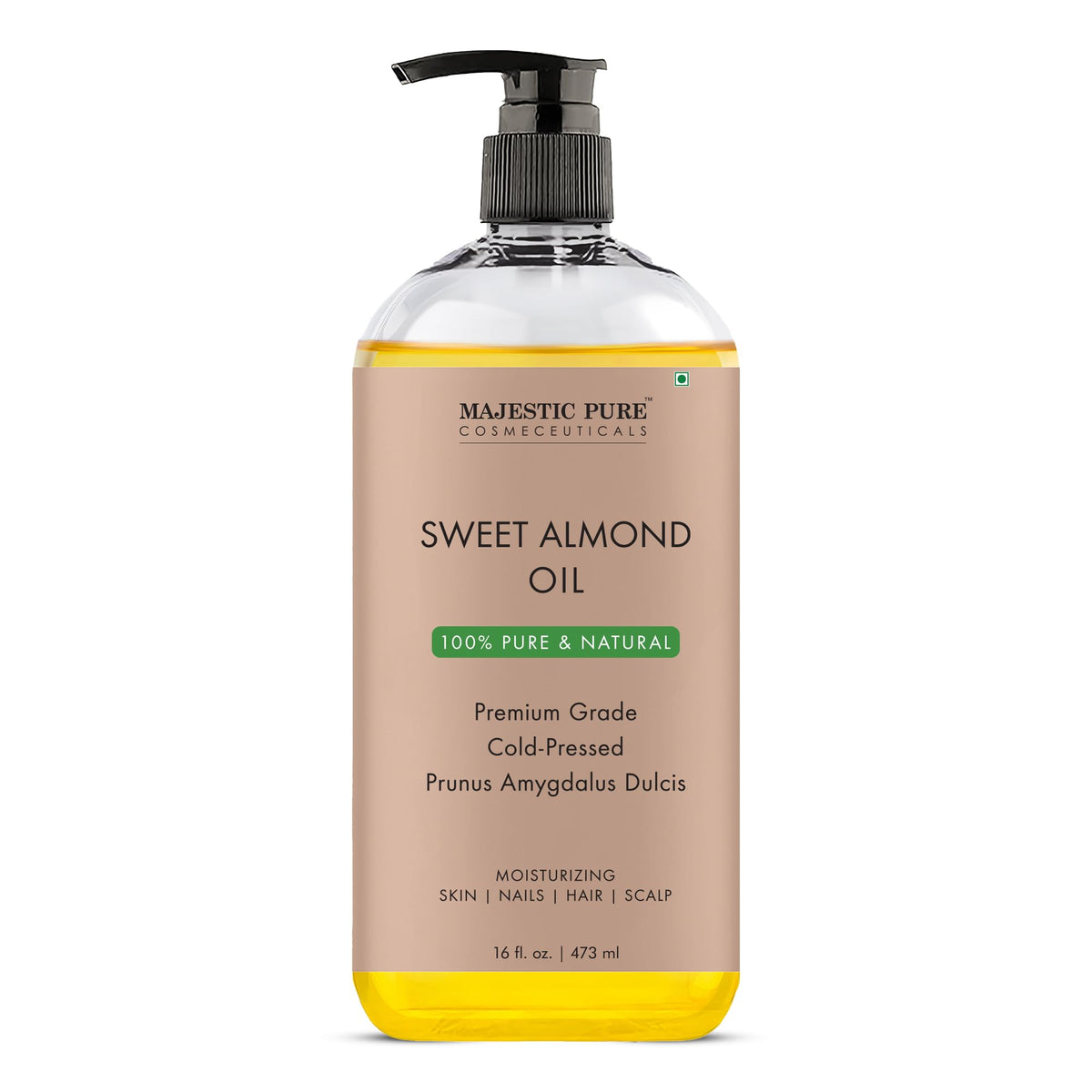 Majestic Pure bottle front showing clean label and natural almond oil benefits
